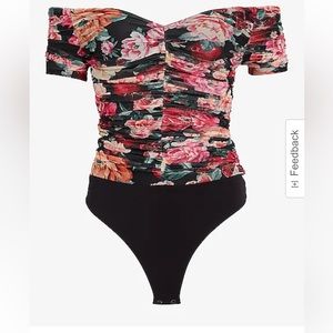 Body Contour Floral Mesh Off The Shoulder Thong Bodysuit-L